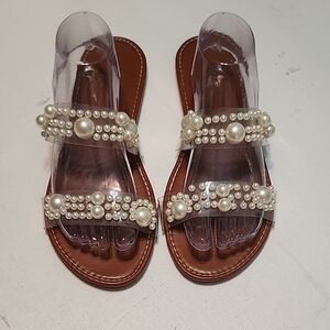 Pearl Embellished Clear Sandals, Size 43/11.5